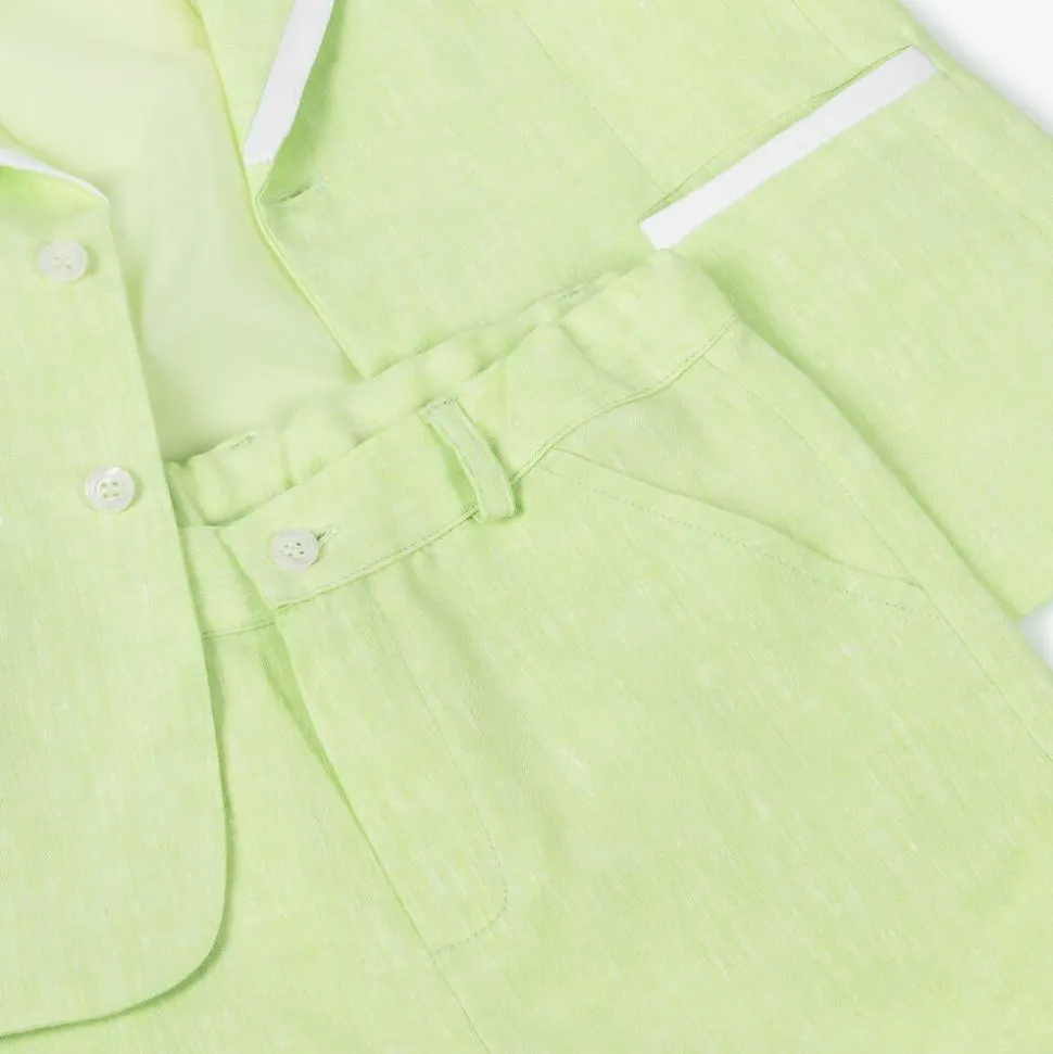 Boys Green Linen Shorts Suit