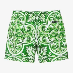 Boys Green Majolica Print Swim Shorts
