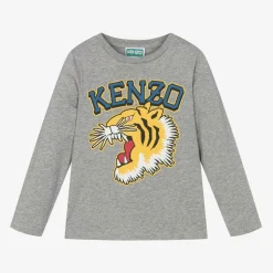 Boys Grey Cotton Varsity Tiger Top