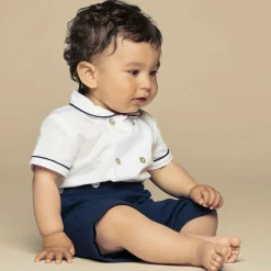 Boys Navy Blue & White Cotton Buster Suit