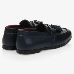 Boys Navy Blue Faux Leather Loafers