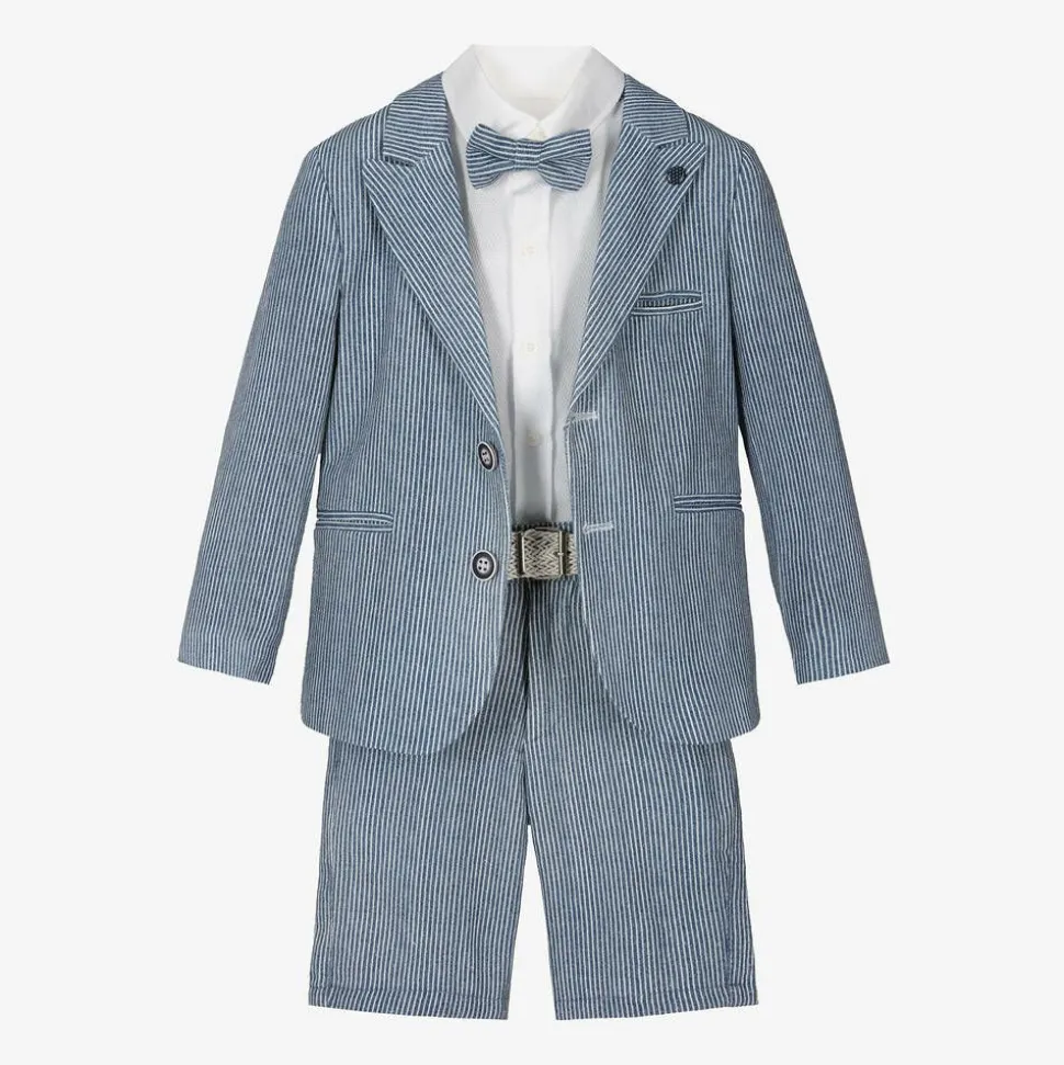 Boys Navy Blue Stripe Cotton Shorts Suit