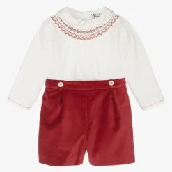 Boys Red Velvet Hand-Smocked Buster Suit
