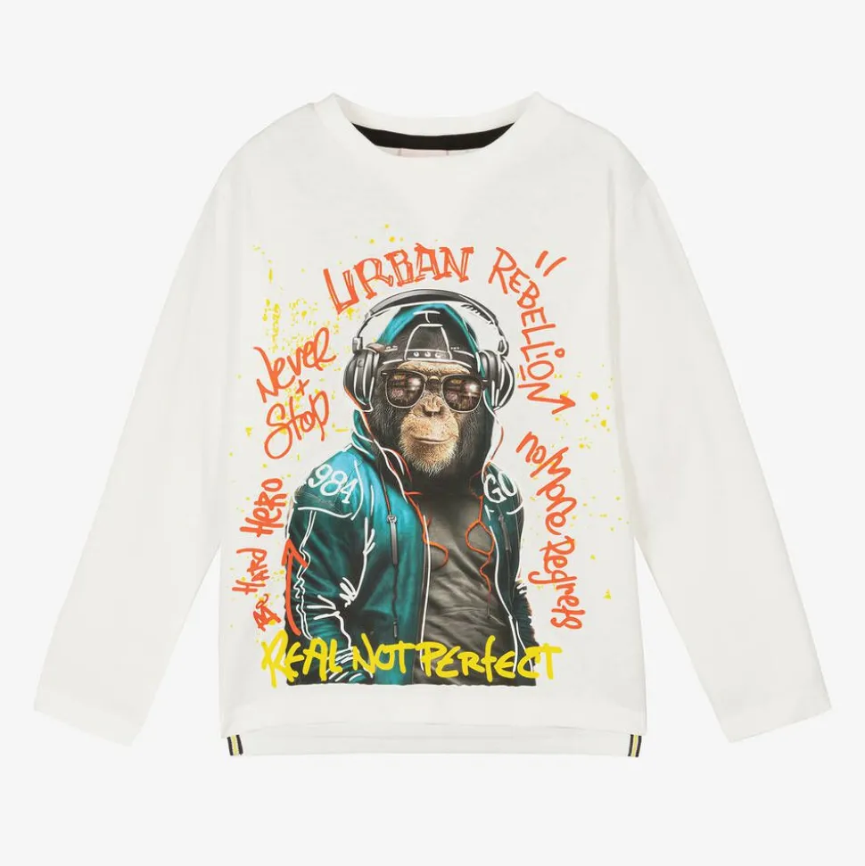Boys White Cotton Slogan Monkey Top