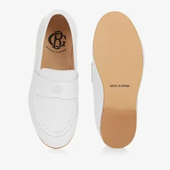 Boys White Leather Monogram Loafers