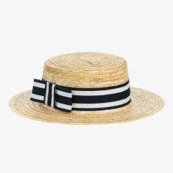 Girls Beige & Blue Straw Boater