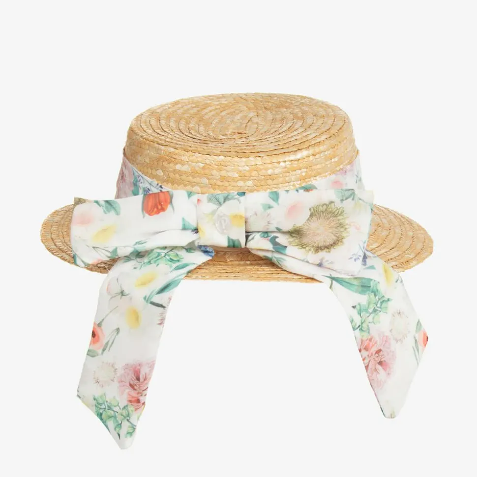 Girls Beige & Floral Trim Straw Hat