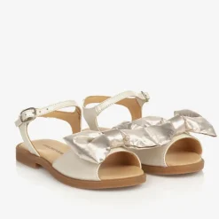 Girls Beige & Gold Satin Bow Sandals