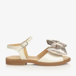 Girls Beige & Gold Satin Bow Sandals