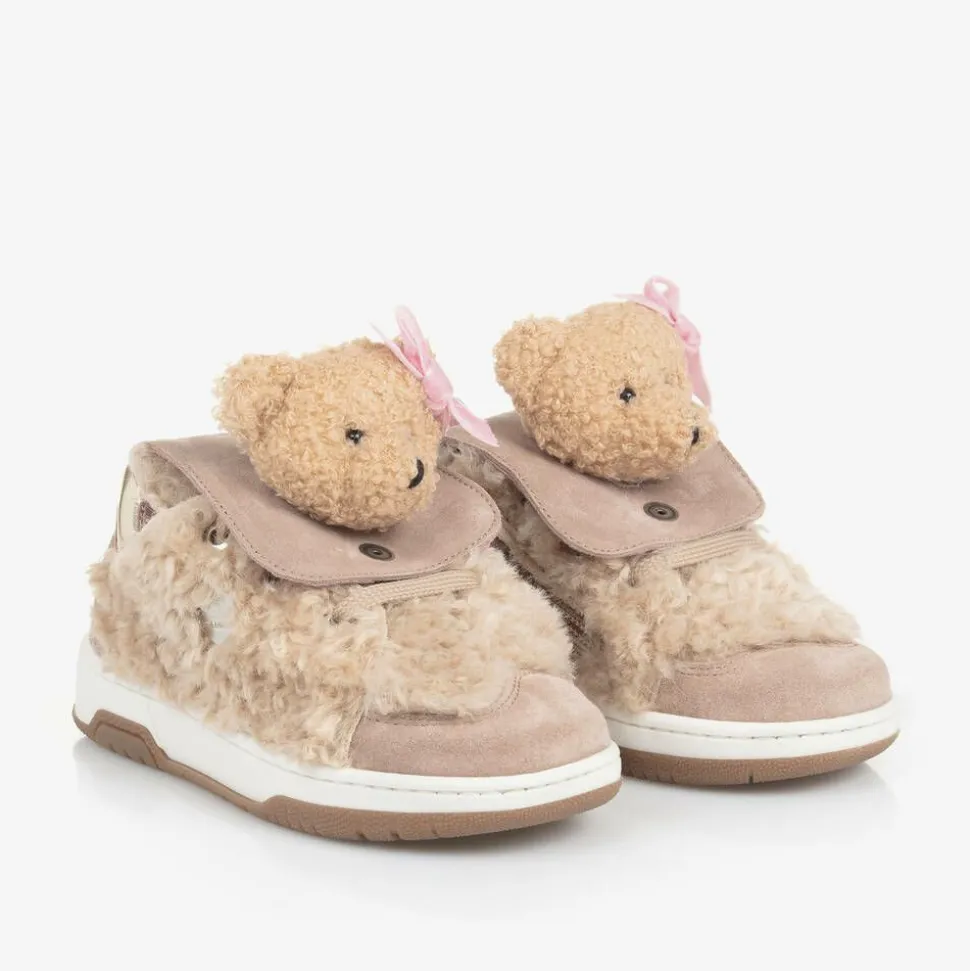 Girls Beige & Pink Teddy Bear Trainers
