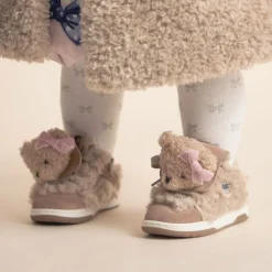 Girls Beige & Pink Teddy Bear Trainers