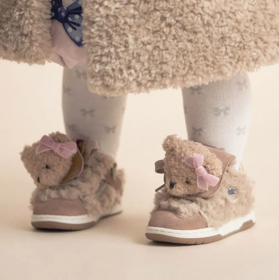 Girls Beige & Pink Teddy Bear Trainers
