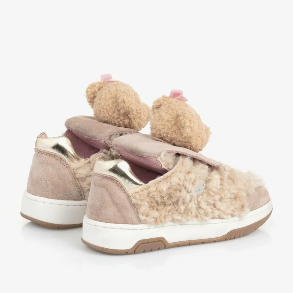 Girls Beige & Pink Teddy Bear Trainers