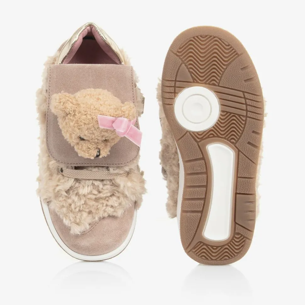 Girls Beige & Pink Teddy Bear Trainers