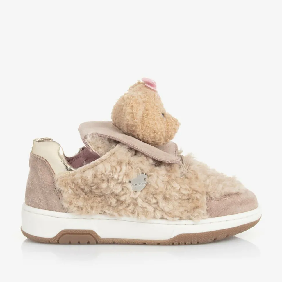 Girls Beige & Pink Teddy Bear Trainers