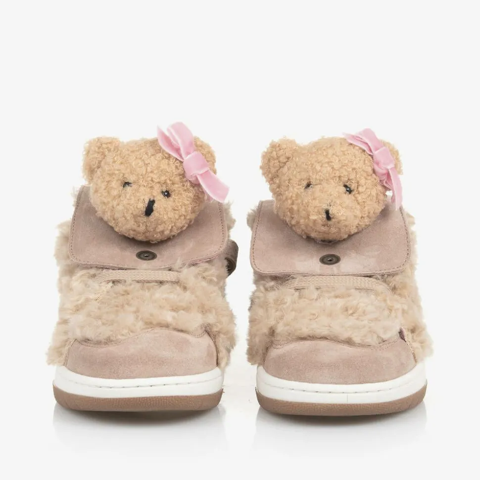 Girls Beige & Pink Teddy Bear Trainers