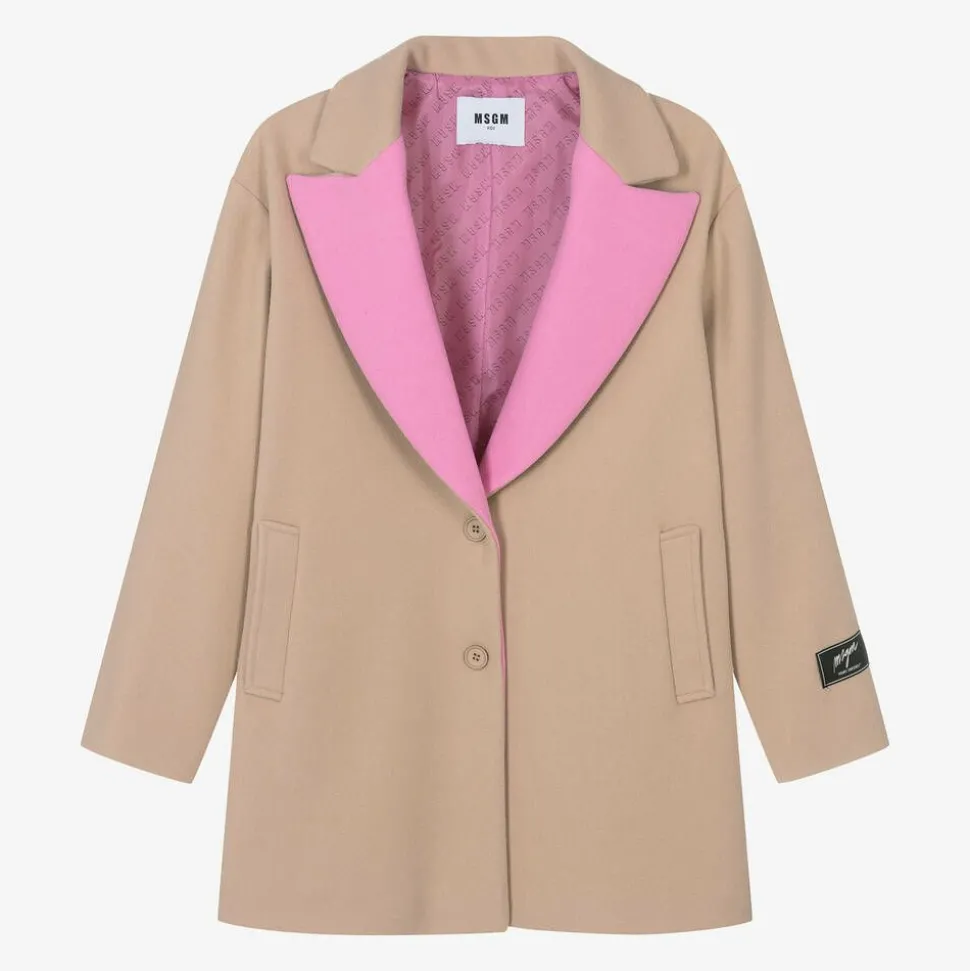 Girls Beige & Pink Viscose Coat