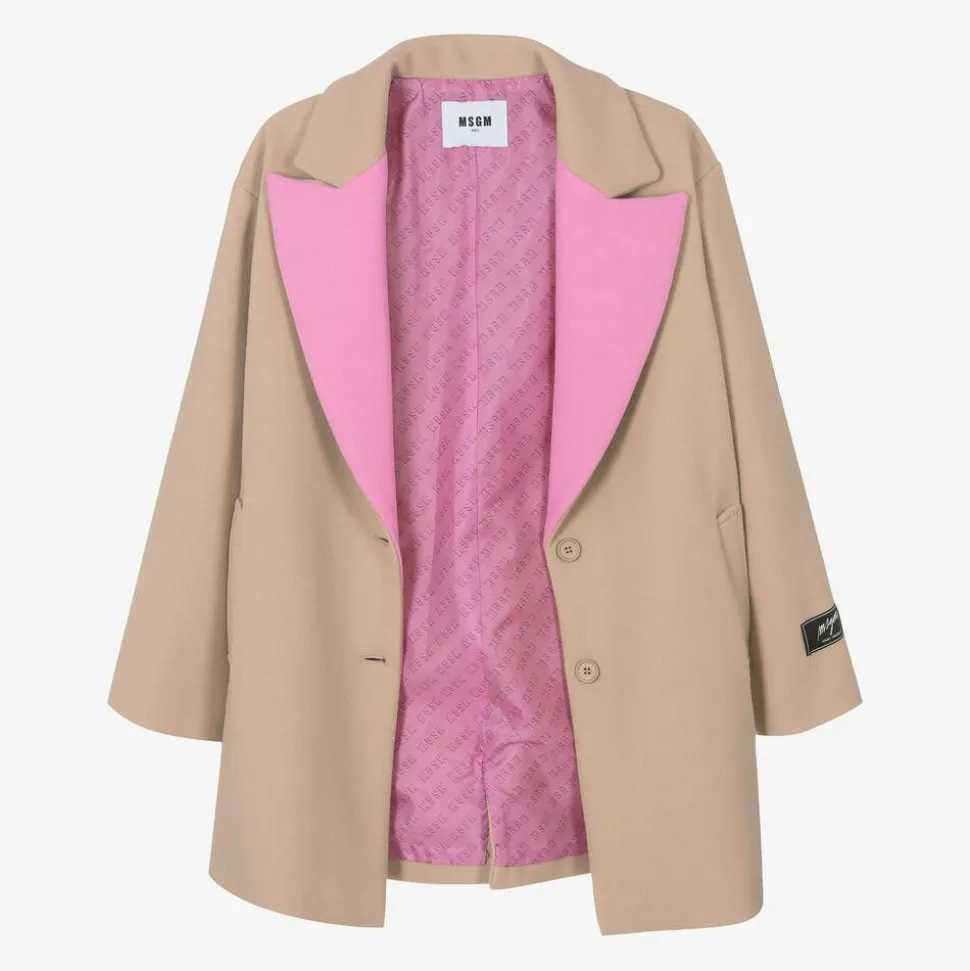 Girls Beige & Pink Viscose Coat