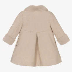 Girls Beige Cotton & Faux Fur Coat
