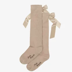 Girls Beige Cotton Bow Socks