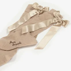 Girls Beige Cotton Bow Socks