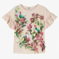 Girls Beige Cotton Floral Dove T-Shirt