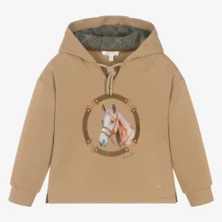 Girls Beige Cotton Horse Print Hoodie