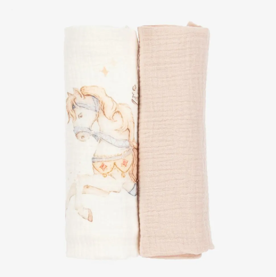 Girls Beige Cotton Horse Muslins (2 Pack)