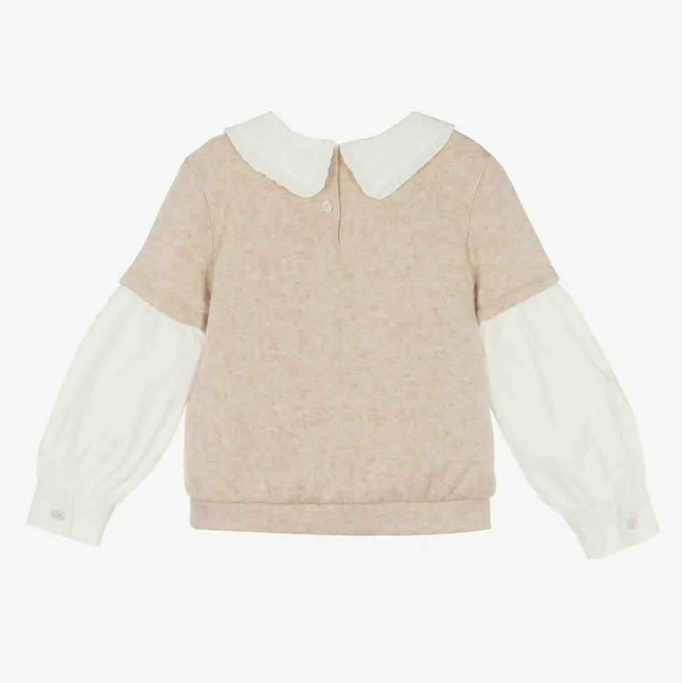 Girls Beige Cotton Layered Sweatshirt
