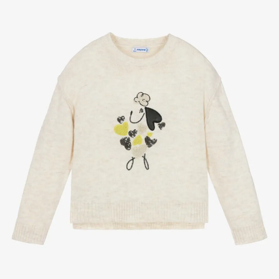 Girls Beige Dog & Sequin Heart Sweater