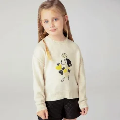 Girls Beige Dog & Sequin Heart Sweater