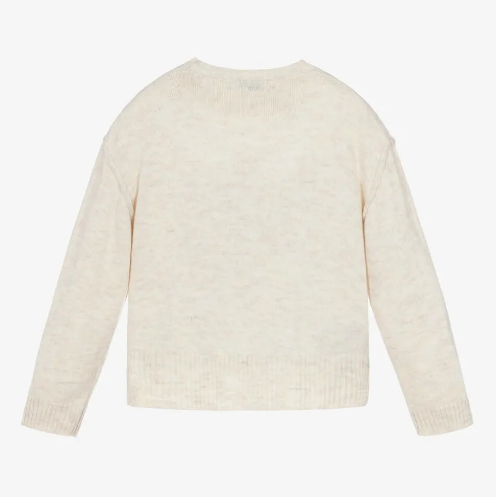 Girls Beige Dog & Sequin Heart Sweater