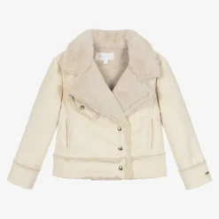 Girls Beige Faux Suede & Faux Fur Jacket