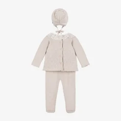 Girls Beige Knitted Babysuit & Hat Set