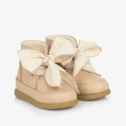 Girls Beige Leather Bow First Walker Boots