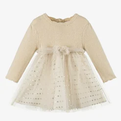 Girls Beige Lurex Knit & Tulle Dress