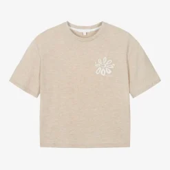 Girls Beige Organic Cotton Flower T-Shirt