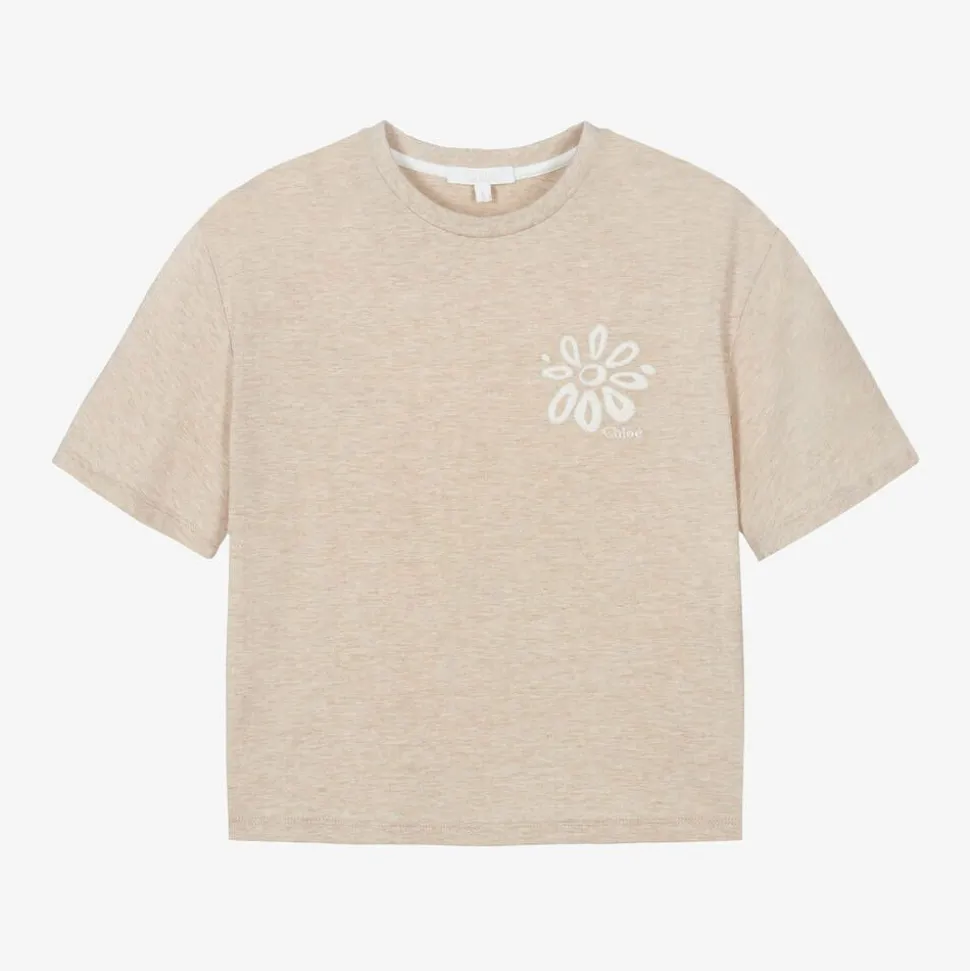 Girls Beige Organic Cotton Flower T-Shirt