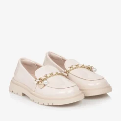 Girls Beige Patent Faux Leather Loafers