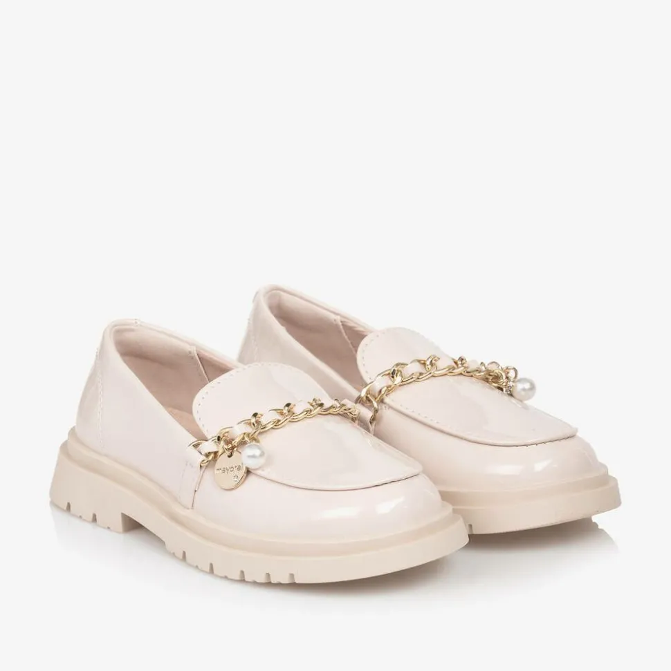 Girls Beige Patent Faux Leather Loafers