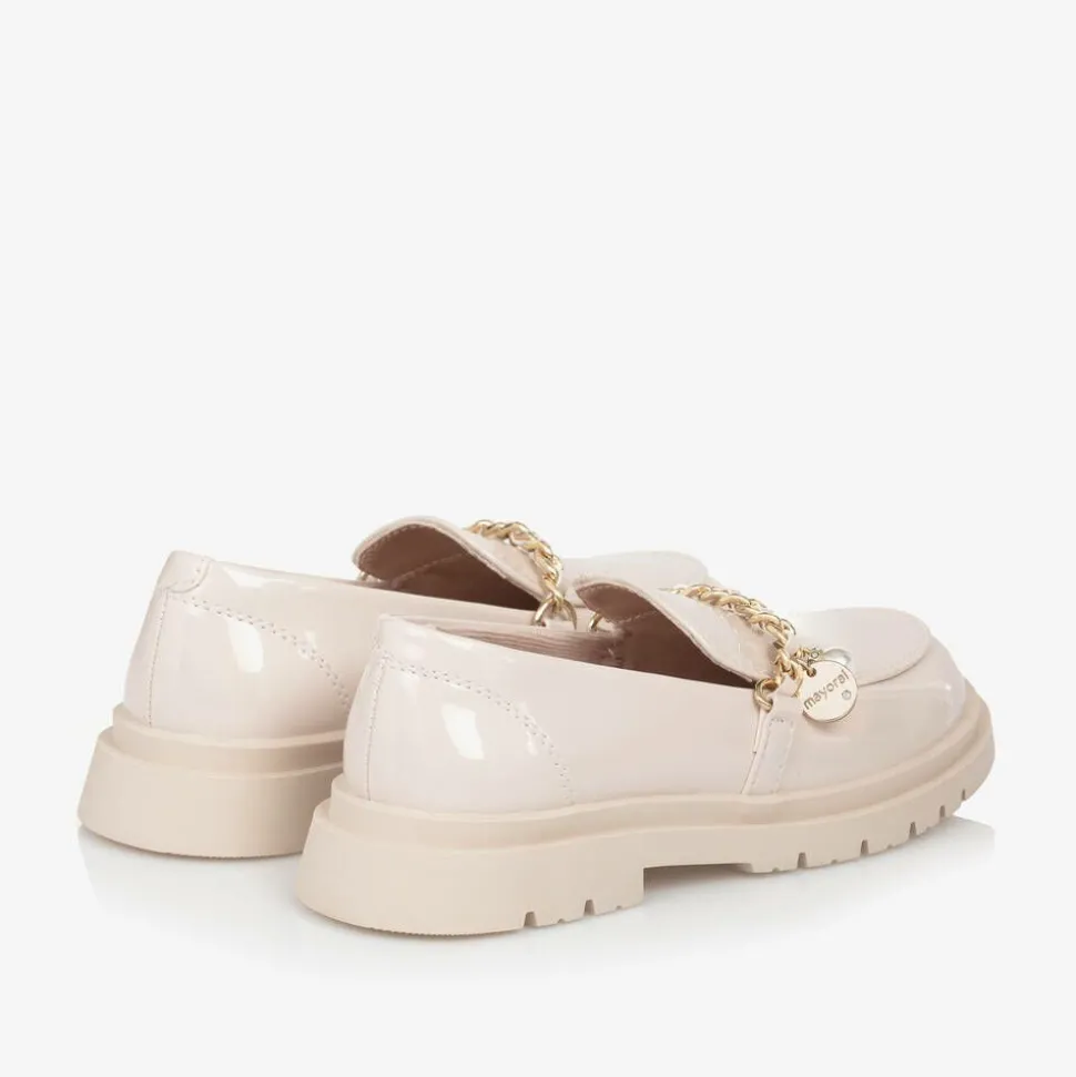Girls Beige Patent Faux Leather Loafers