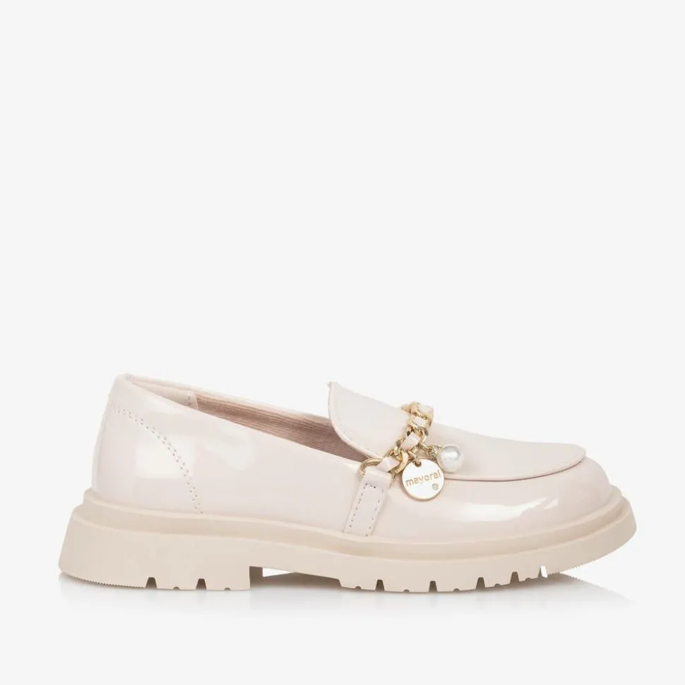 Girls Beige Patent Faux Leather Loafers