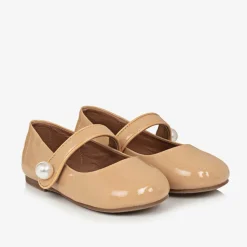 Girls Beige Patent Leather Pearl Shoes
