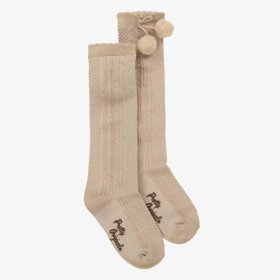 Girls Beige Pom-Pom Cotton Socks
