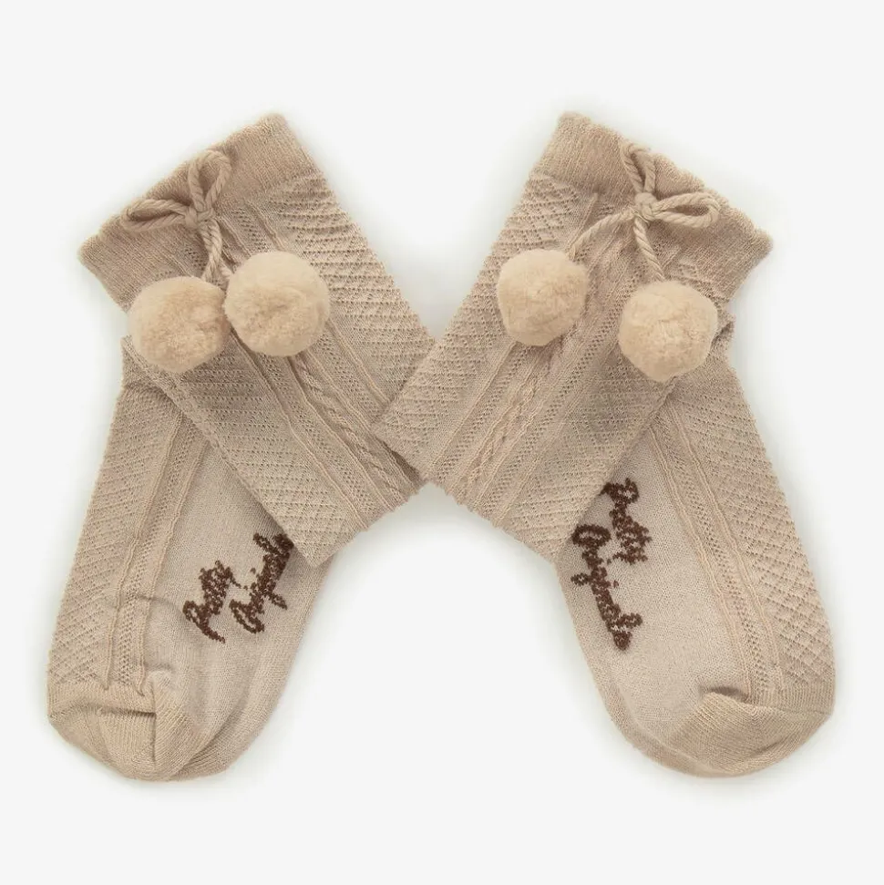 Girls Beige Pom-Pom Cotton Socks