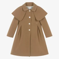 Girls Beige Shawl Collar Coat
