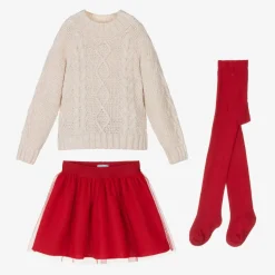 Girls Beige Sweater & Red Tulle Skirt Set