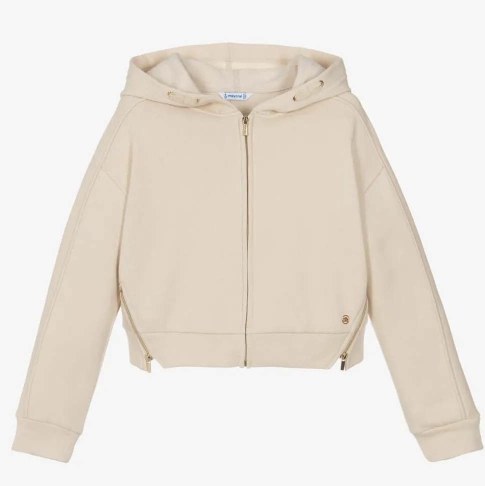Girls Beige Zip-Up Hoodie