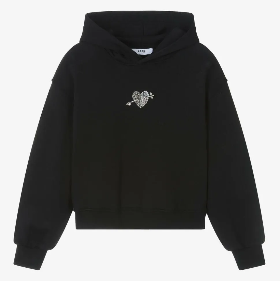 Girls Black Cotton Diamanté Heart Hoodie