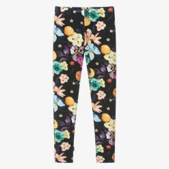 Girls Black Cotton Floral Leggings
